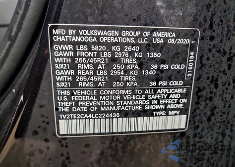 2020 Volkswagen Atlas Cross Sport Sel Premium R-Line z USA, uszkodzony, nr VIN 1V2TE2CA4LC224436